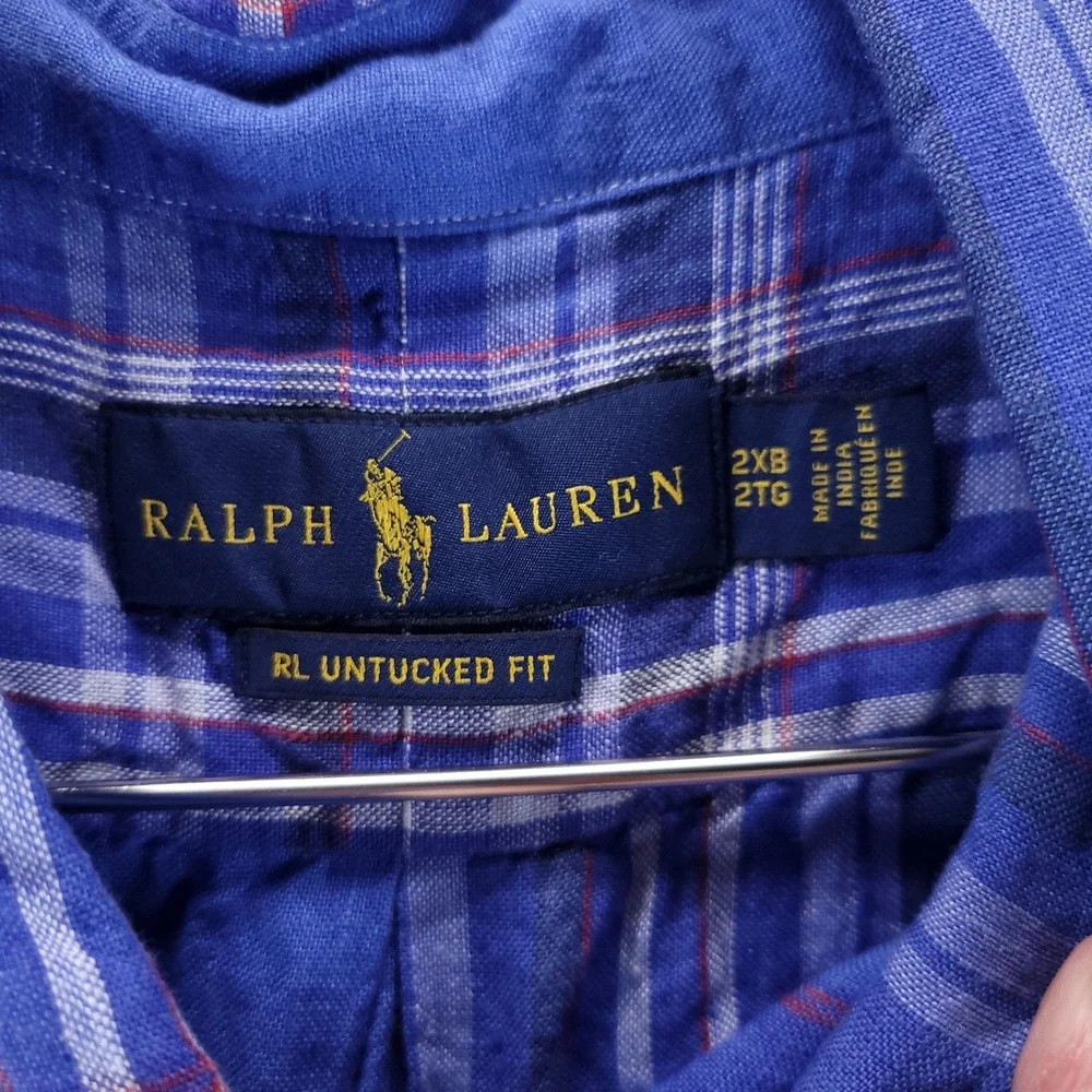 Polo Ralph Lauren Shirt Mens Big 2X Blue Linen Plaid RL Untucked Button Down
